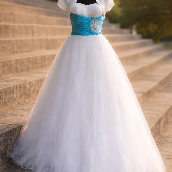 White Tulle Prom Dress Small | Turquoise Satin Waist | Rhinestone Detail - Picture 1 of 4